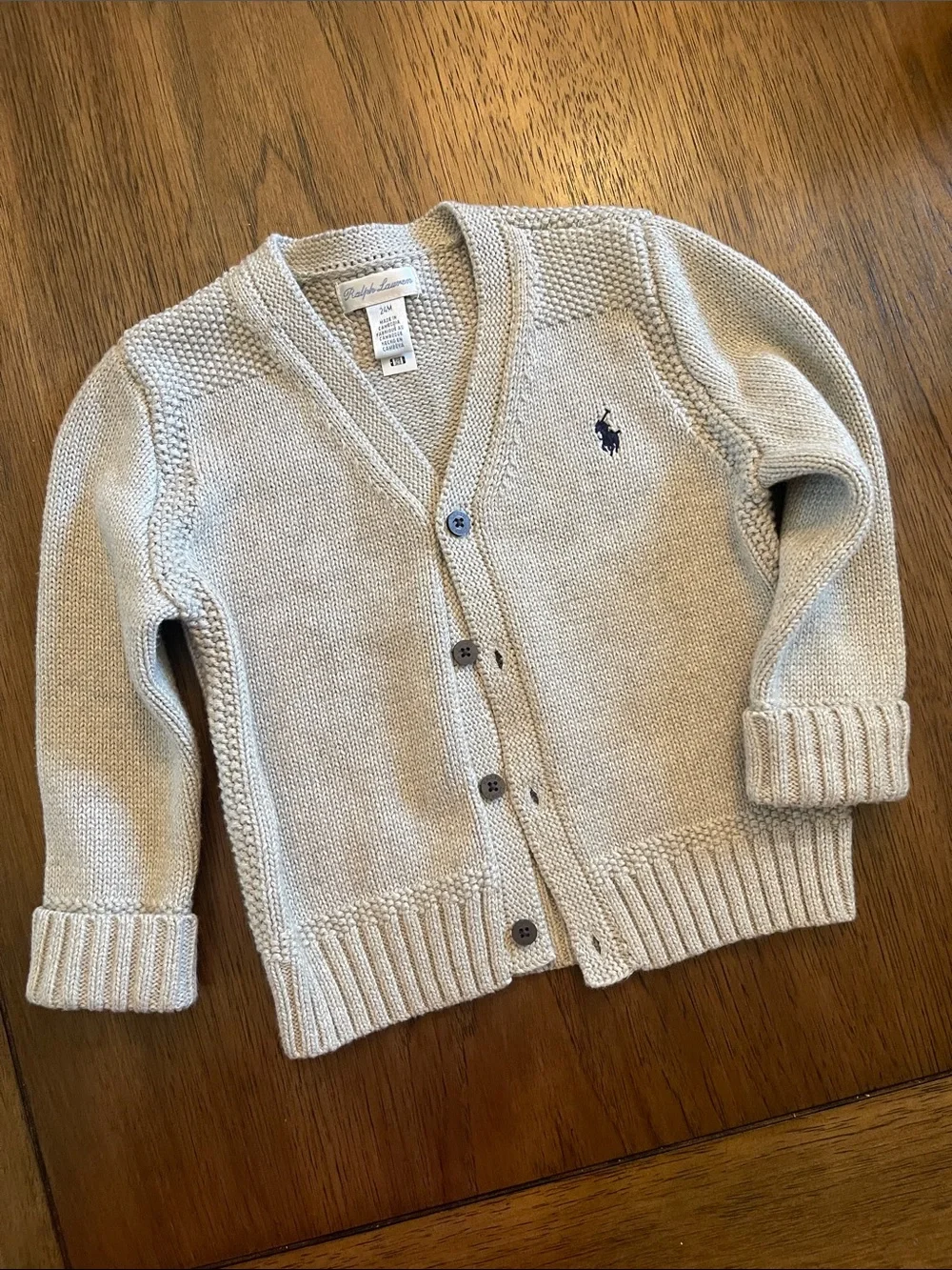 Ralph Lauren Cream Knit V-Neck Cardigan with Navy Pony